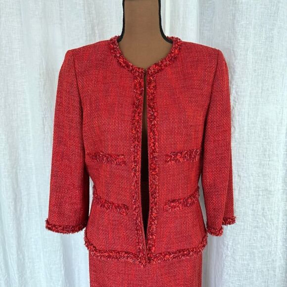Vintage 90s Kasper Red-Orange Fringed Tweed Blazer & Skirt Suit Set, Size Medium - Picture 7 of 11